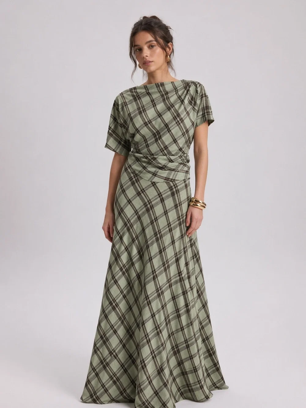 Plaid Maxi Skirt & Draped Top Matching Set – Sage Green Brown Check